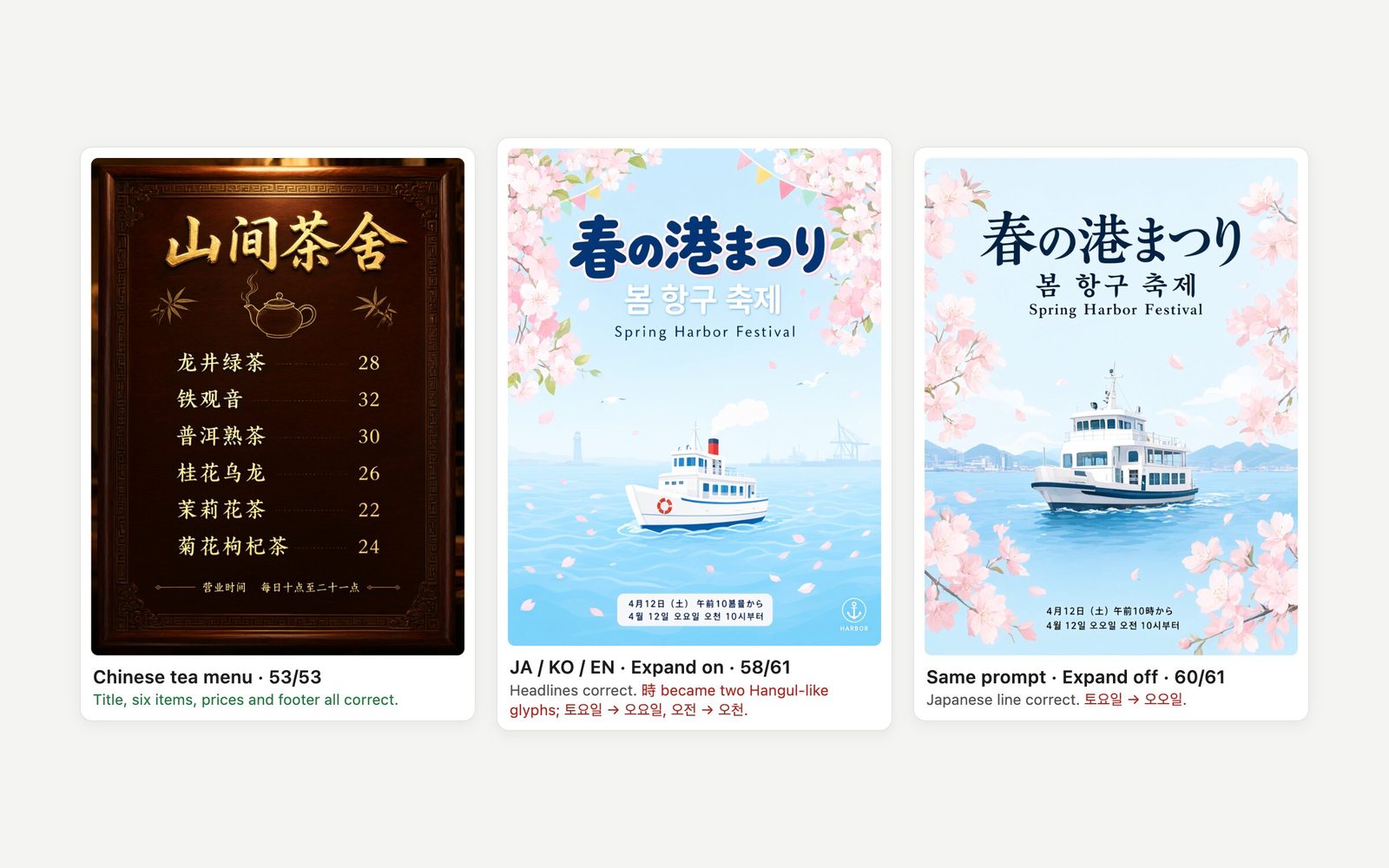 Three Qwen Image 3 outputs: a Chinese tea-house menu board and two spring festival posters with Japanese, Korean and English text.