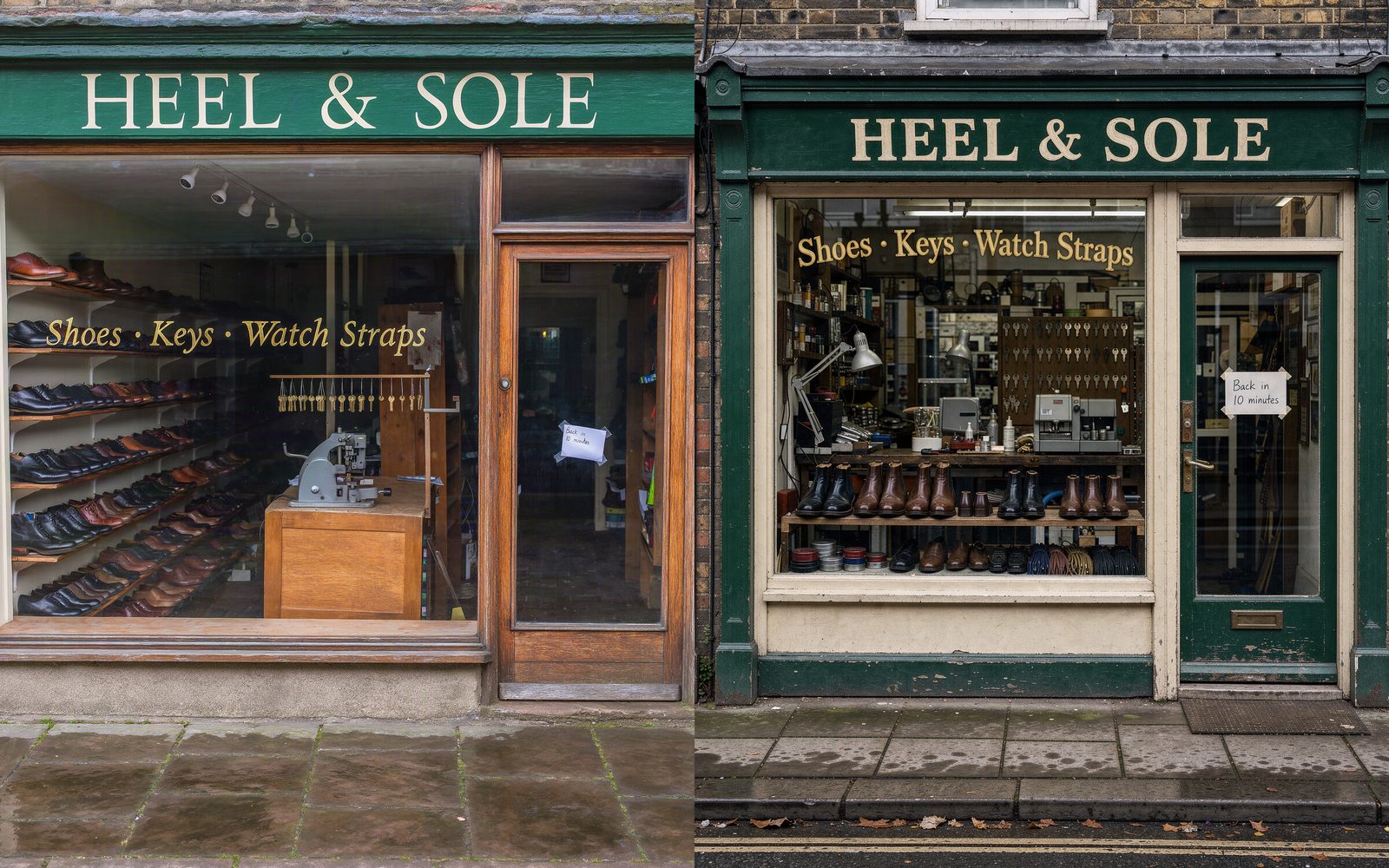 Same prompt in Krea 3 (left) and FLUX.3 Image (right): a green shoe-repair shopfront signed HEEL & SOLE with gold window lettering.