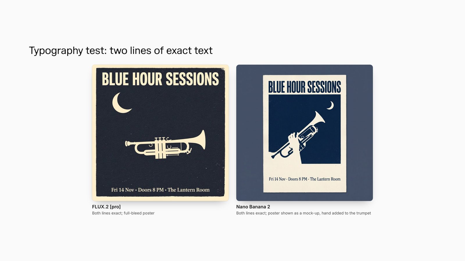 Jazz poster reading BLUE HOUR SESSIONS and Fri 14 Nov, Doors 8 PM, The Lantern Room, rendered by FLUX.2 pro and Nano Banana 2.