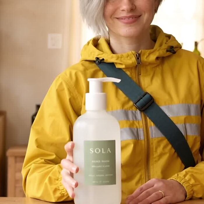 Close crop of the last frame: the SOLA wordmark is intact while the small lines of label text underneath have turned into unreadable letter shapes.