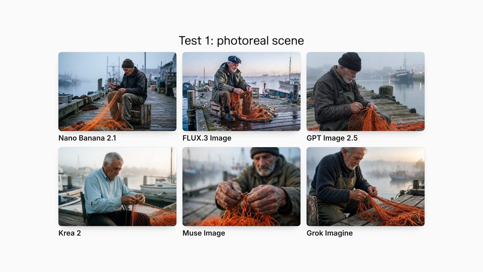 Six models' outputs for one prompt: an elderly fisherman mending an orange net on a misty dock at dawn.