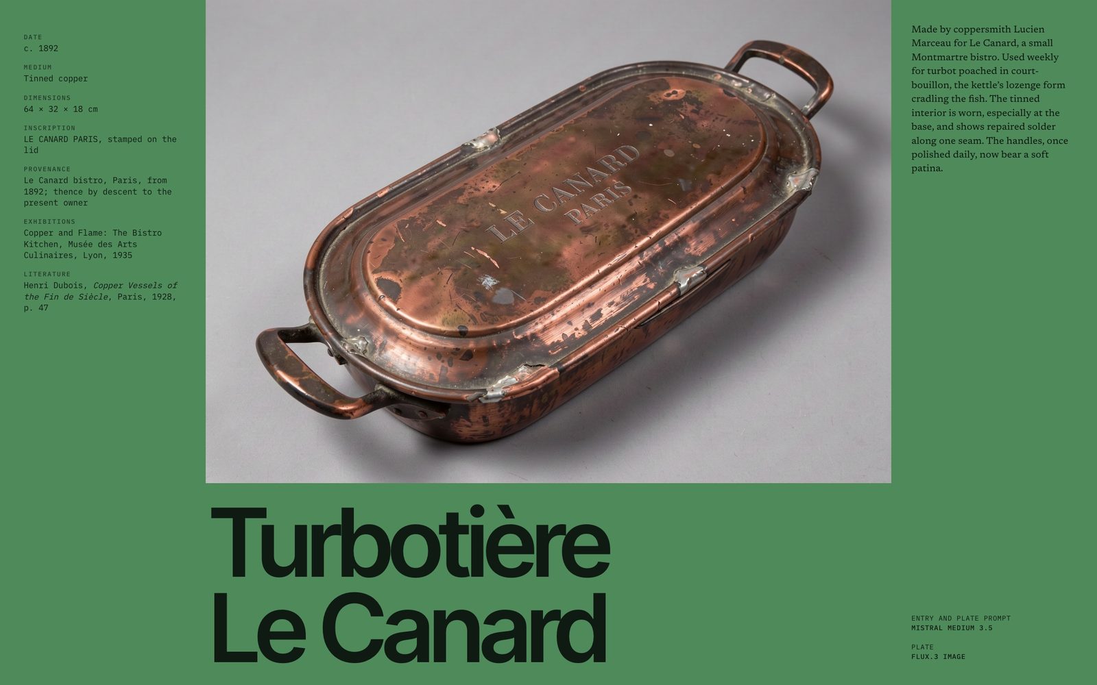 Aged tinned-copper turbot kettle stamped LE CANARD PARIS on its lid, photographed on grey, on a bottle-green catalogue page