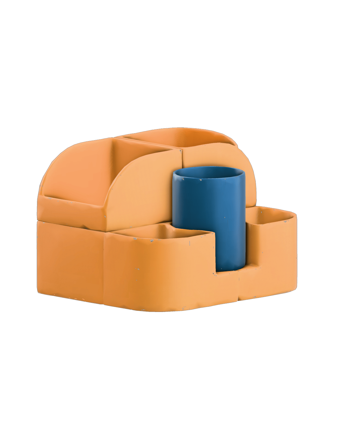 geometric yellow modular desk organizer with cobalt cylindrical pencil cup and curved storage cavities — rendered from a native trellis-2 3D generation