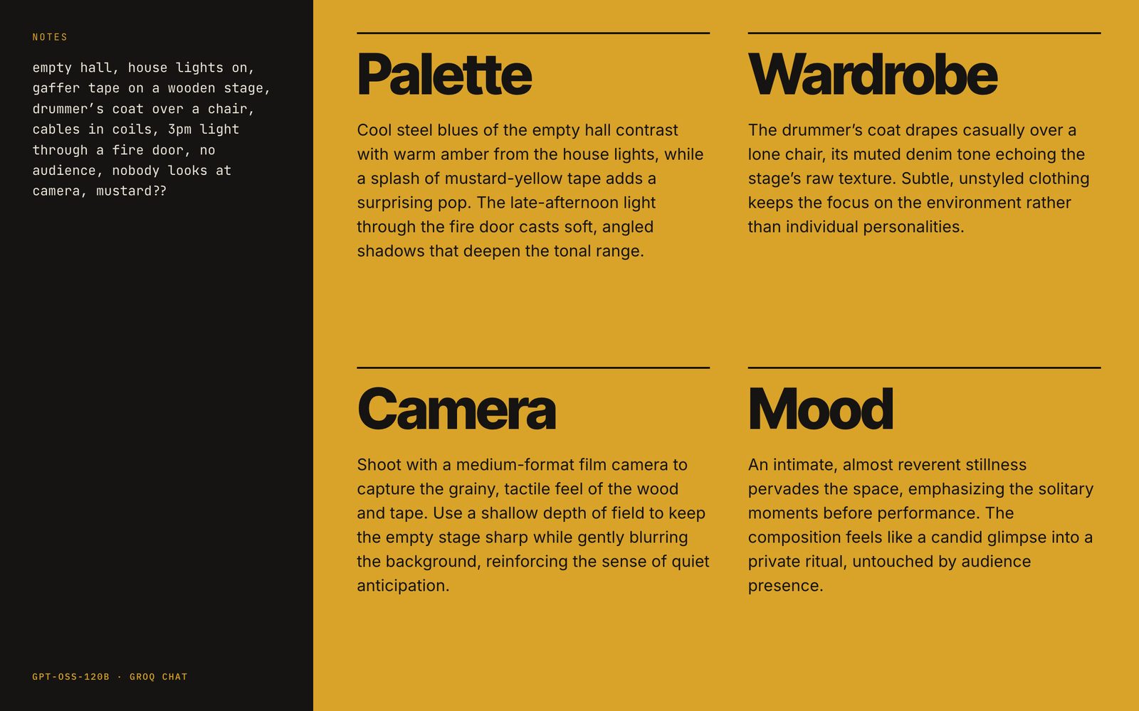 Loose sound-check moodboard notes on black beside a mustard art direction brief with four headings: Palette, Wardrobe, Camera, Mood