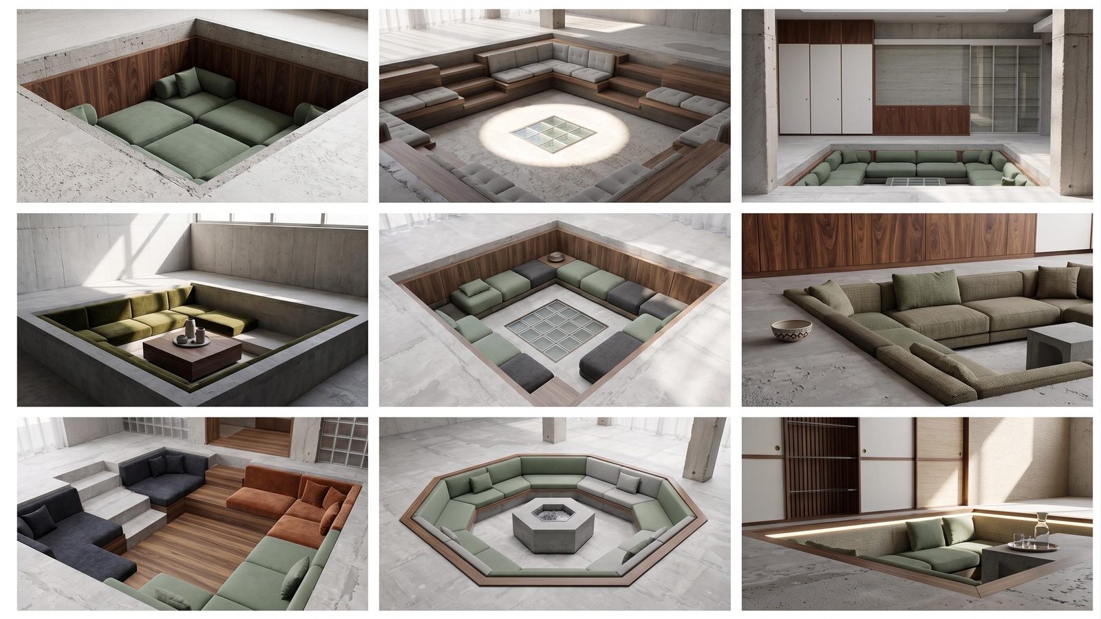 A grid of modular lounge and sunken seating concepts in warm neutral materials.