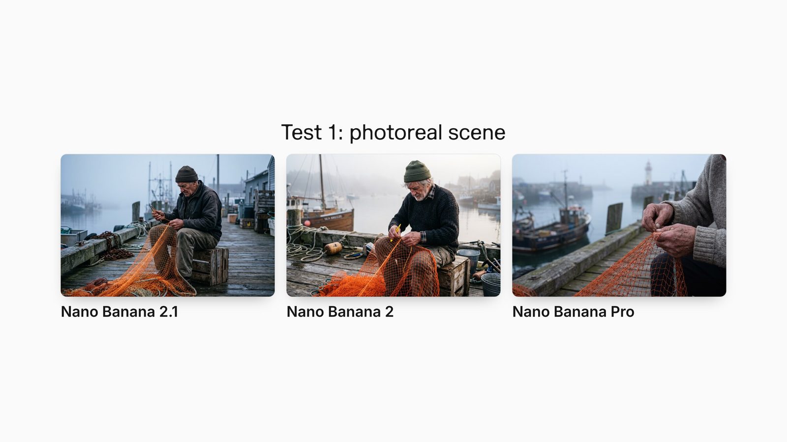 Nano Banana 2.1, Nano Banana 2 and Nano Banana Pro outputs for the same prompt: an elderly fisherman mending an orange net on a misty dock.