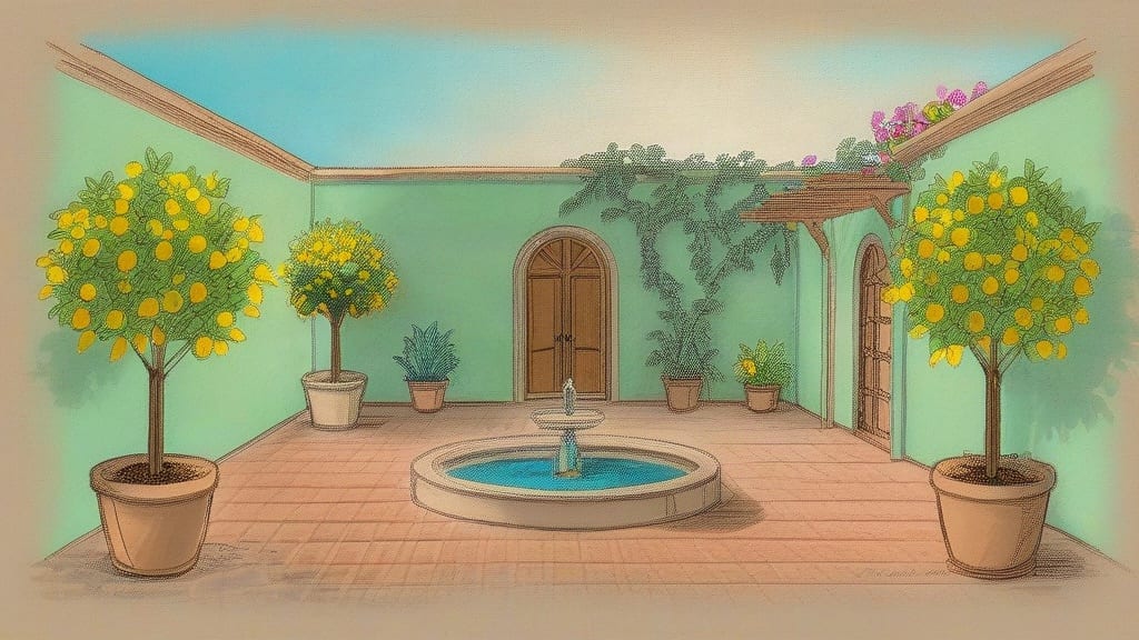 Colored courtyard illustration with citrus trees, climbing plants and a circular fountain, generated from a garden sketch.