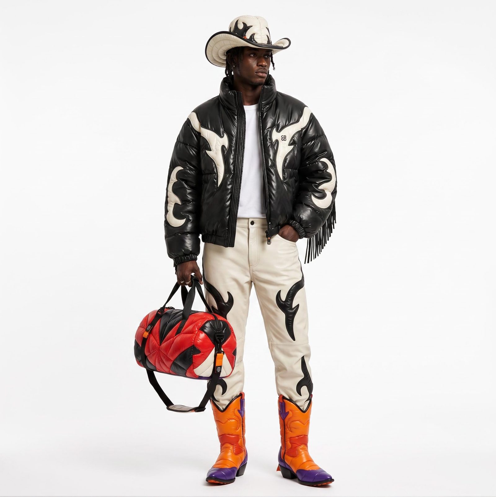 Full-length western-inspired outfit concept with a black jacket, cream trousers, orange boots and a red bag.