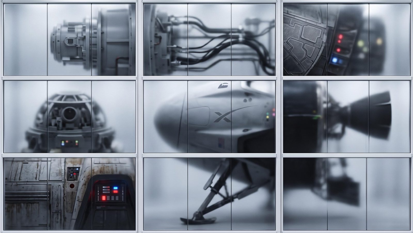 Mechanical prop reference board showing futuristic robotic components, panels and industrial details.