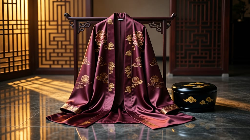 Embroidered burgundy silk robe and black lacquer box in warm lattice-window light.