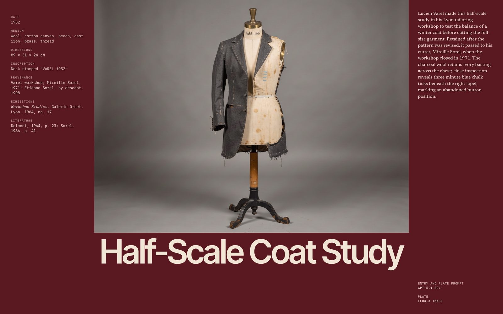 Half-scale dress form in an unfinished, basted charcoal wool coat on grey, on an oxblood catalogue page titled Half-Scale Coat Study