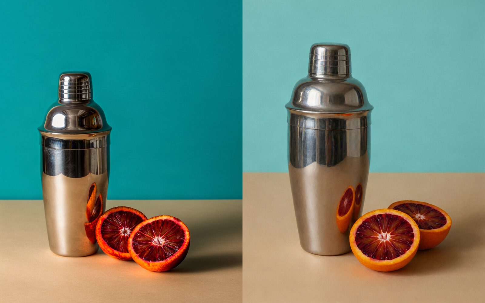 One Krea 3 prompt and seed at a small preset size and at Auto: a pewter cocktail shaker and halved blood oranges against a turquoise wall.