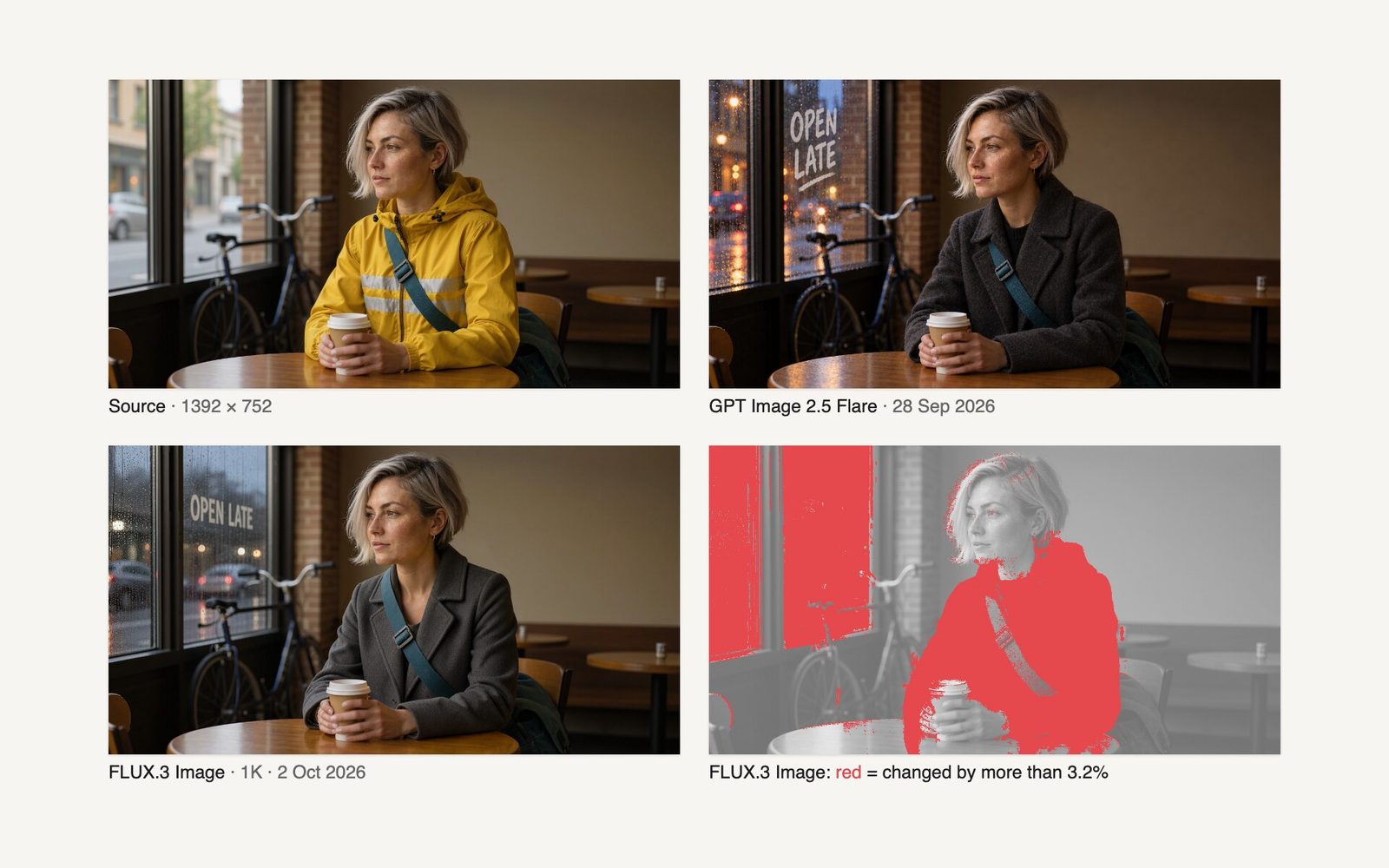 The café source photo, the GPT Image 2.5 Flare edit, the FLUX.3 Image edit with a grey wool coat, rain outside and OPEN LATE on the window, and a map of the pixels FLUX.3 changed.
