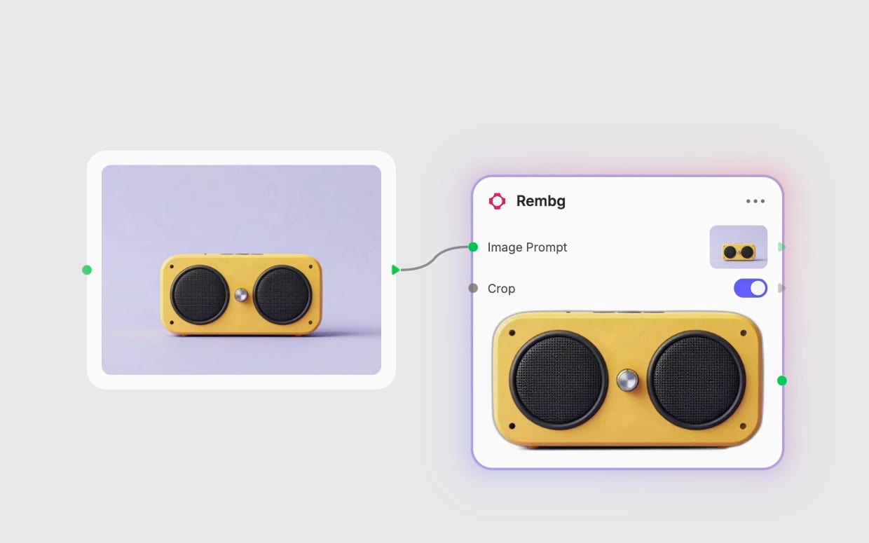Real Fuser comparison of a yellow speaker source and its transparent Rembg result with bounding-box Crop enabled.