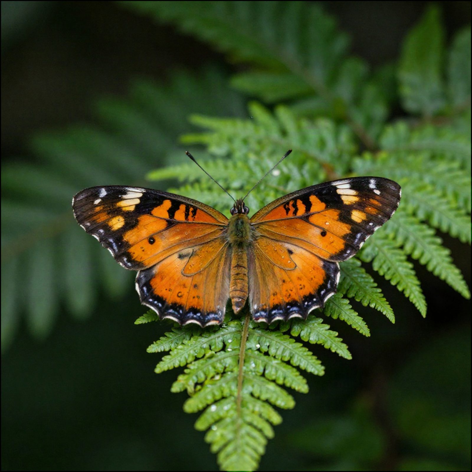 Orange butterfly resting on green fern, enlarged four times with Topaz Precision High Fidelity V3.