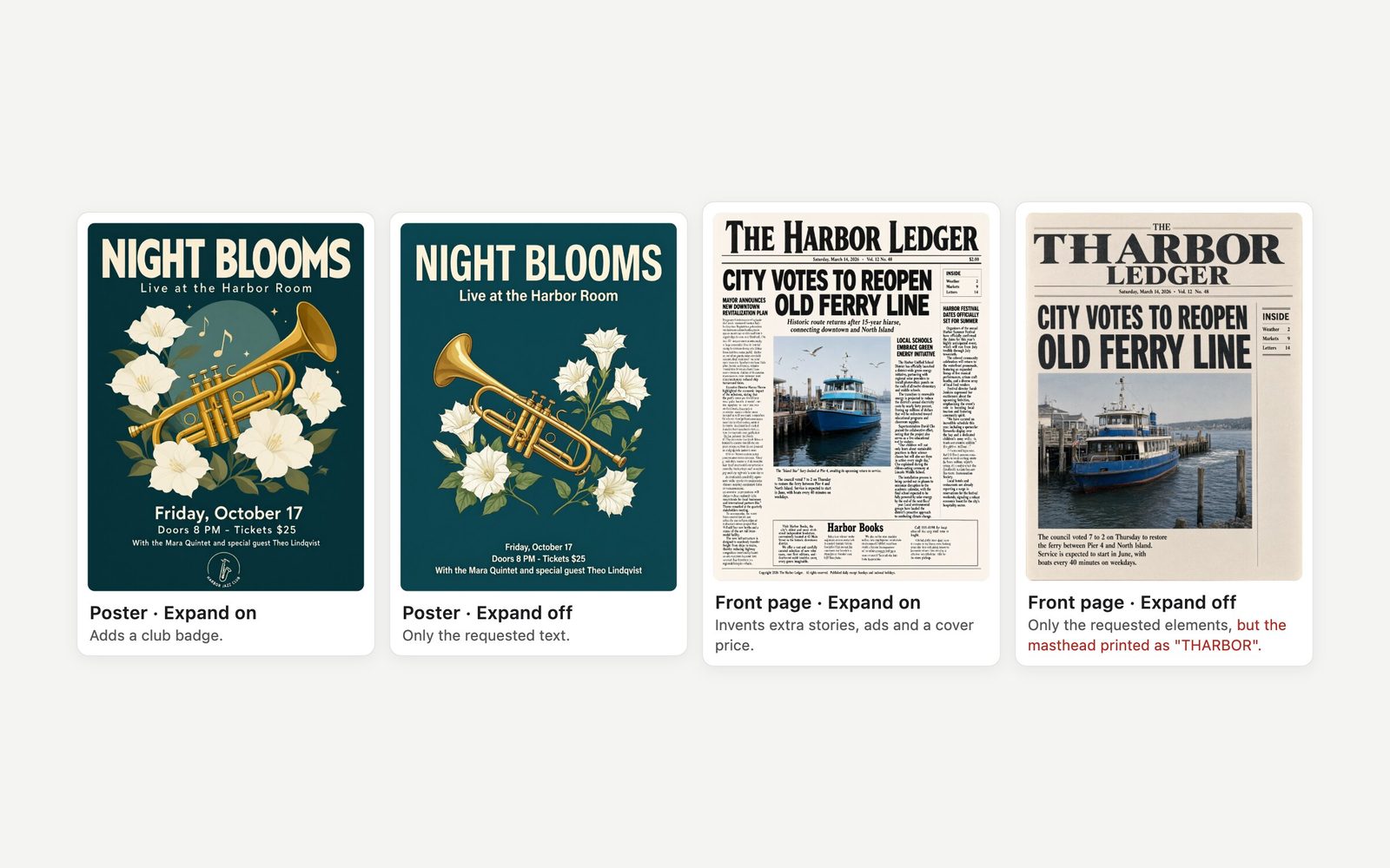 Four Qwen Image 3 outputs comparing Expand Prompt on and off: two jazz posters and two newspaper front pages.