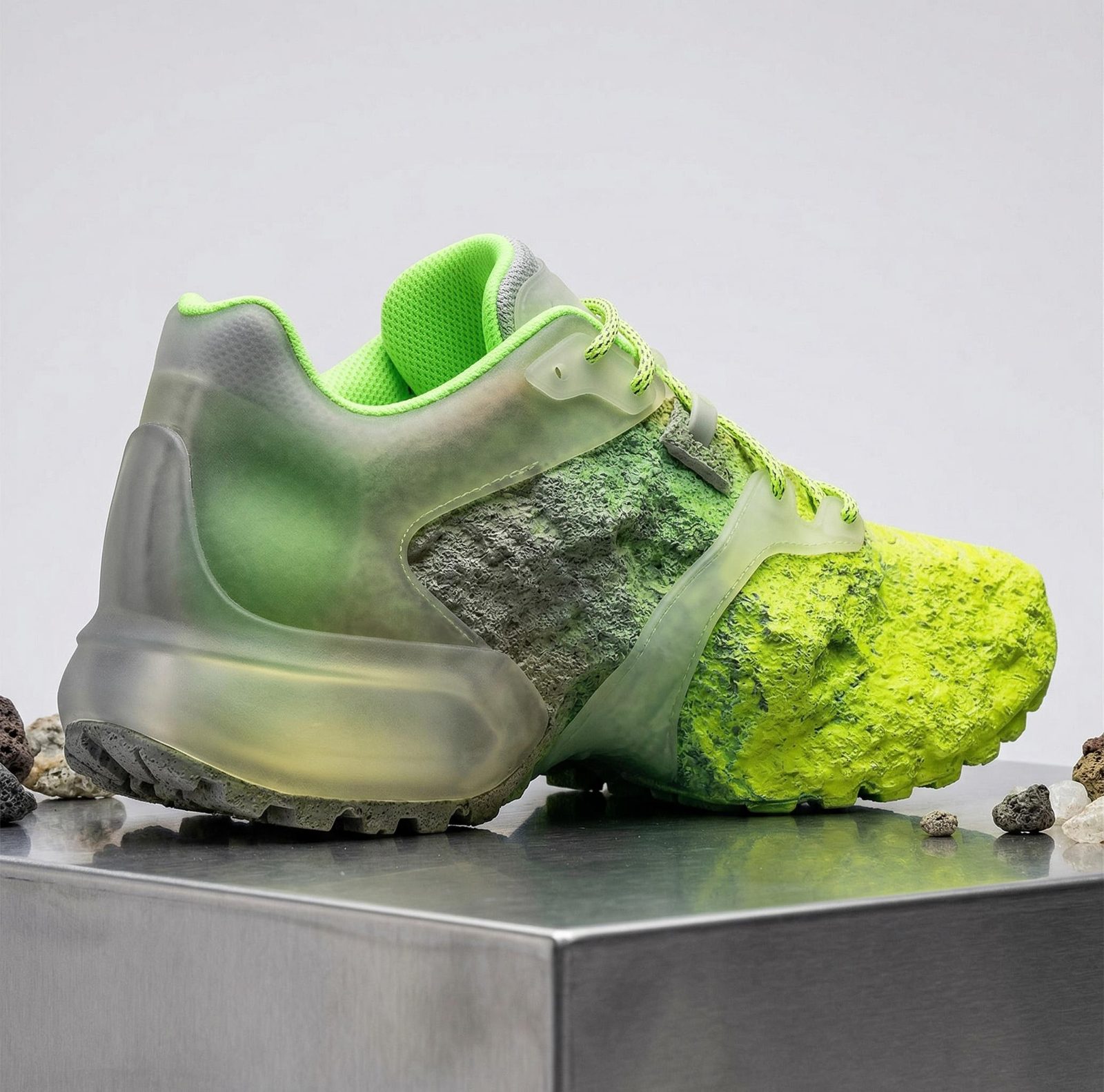 Translucent sneaker concept with neon-green accents on a metallic pedestal surrounded by small rocks.