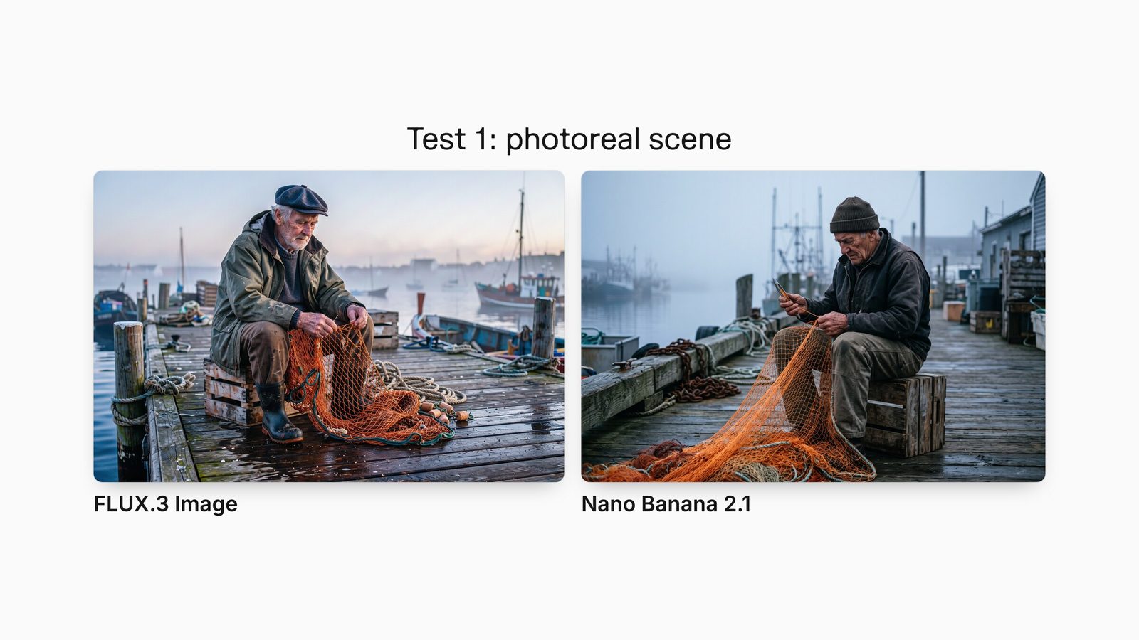 FLUX.3 Image and Nano Banana 2.1 outputs for the same prompt: an elderly fisherman mending an orange net on a misty wooden dock at dawn.