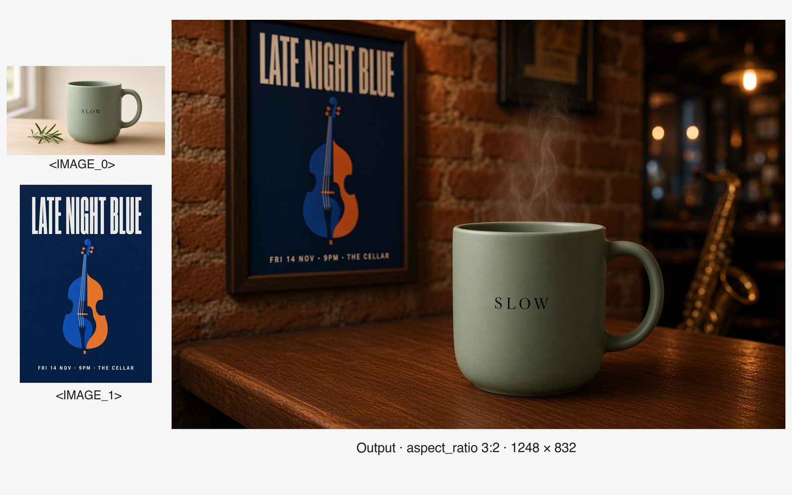 Two input images, the SLOW mug and the LATE NIGHT BLUE poster, combined by Grok Imagine Image v2.0 into a jazz-bar scene with the poster on a brick wall and the mug on the counter.