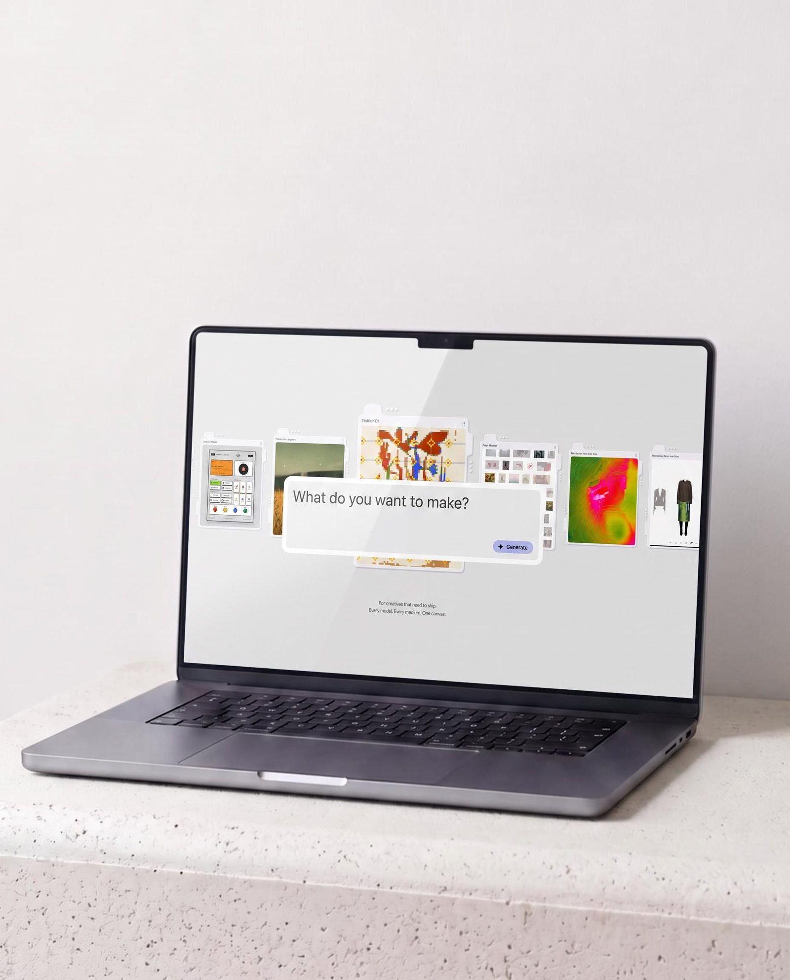 Illustrative concept of a laptop displaying a website design on a pale stone surface.