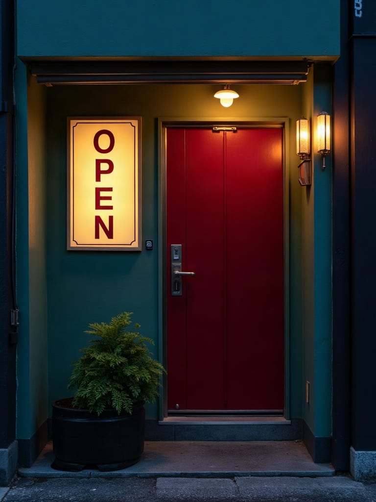 Illuminated OPEN sign beside a red door and potted fern at dusk, generated with FLUX.1 Dev.