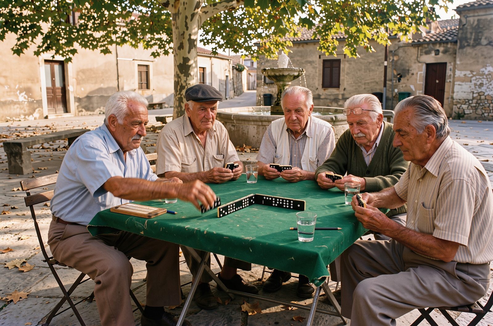 FLUX.3 Image: five elderly men playing black dominoes at a green folding table in a stone village square beside a fountain.