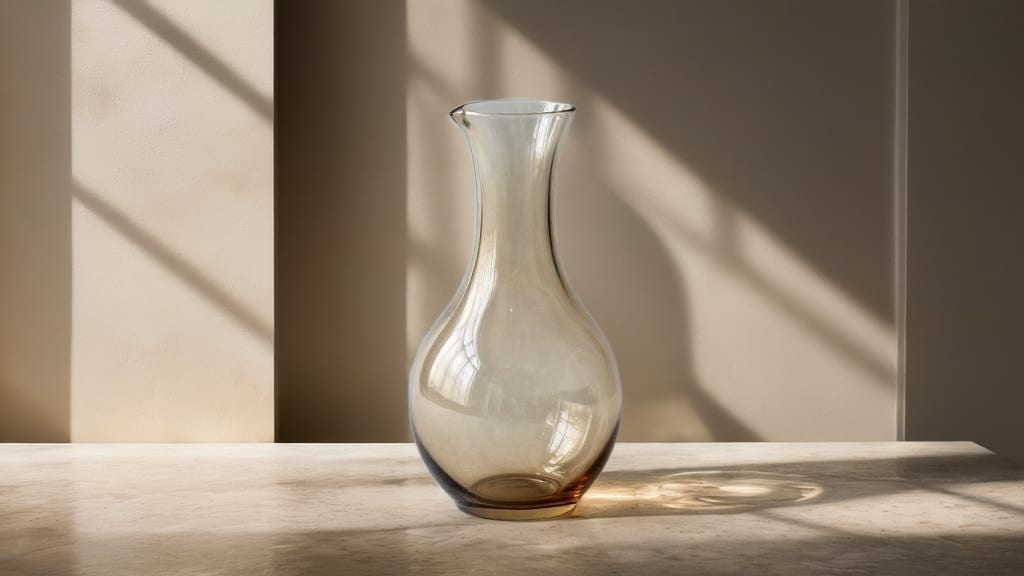 Amber glass carafe staged in warm directional sunlight with refraction and natural shadows.