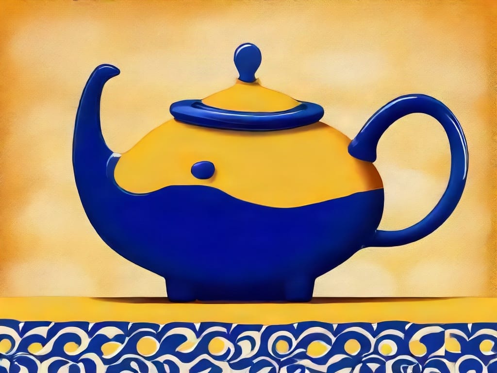 Blue and yellow whale-shaped teapot against a warm yellow illustrated background.