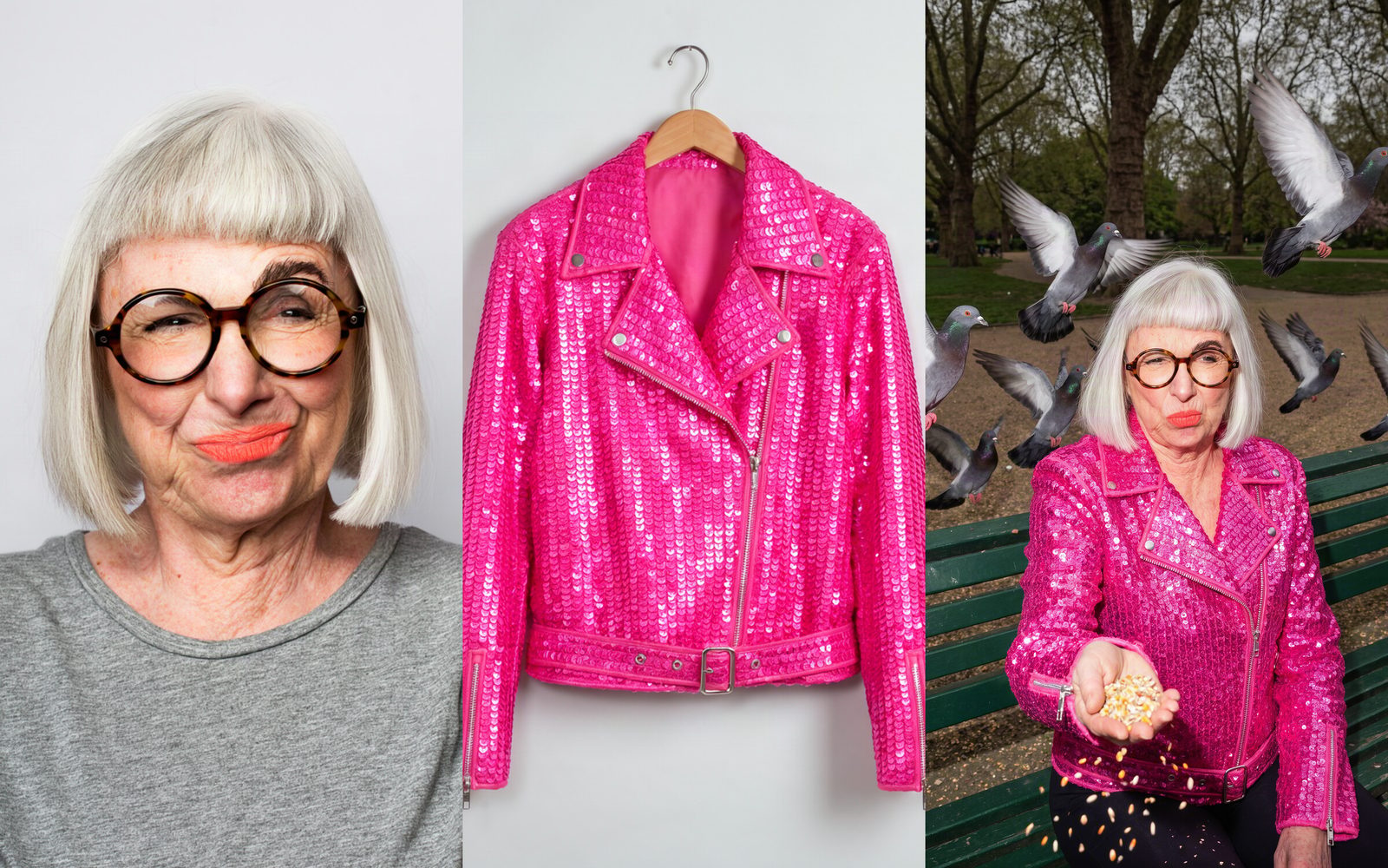 Two Krea 3 references, a silver-haired woman in tortoiseshell glasses and a pink sequinned biker jacket, and the output: her wearing it, feeding pigeons.