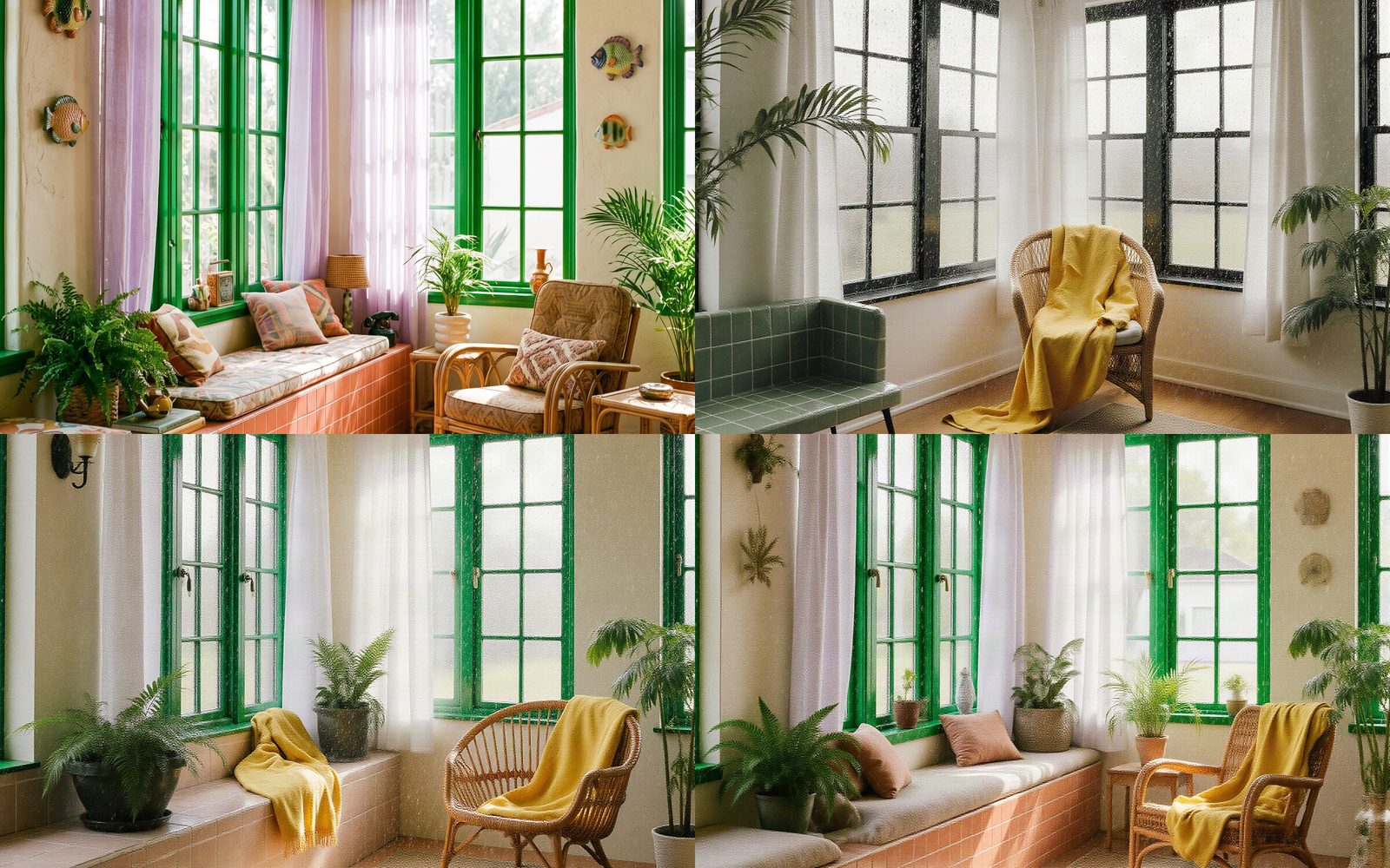 A sunroom with green windows and a coral tile bench, and FLUX.1 Krea image-to-image results at Image Strength 0.45, 0.6 and 0.75.