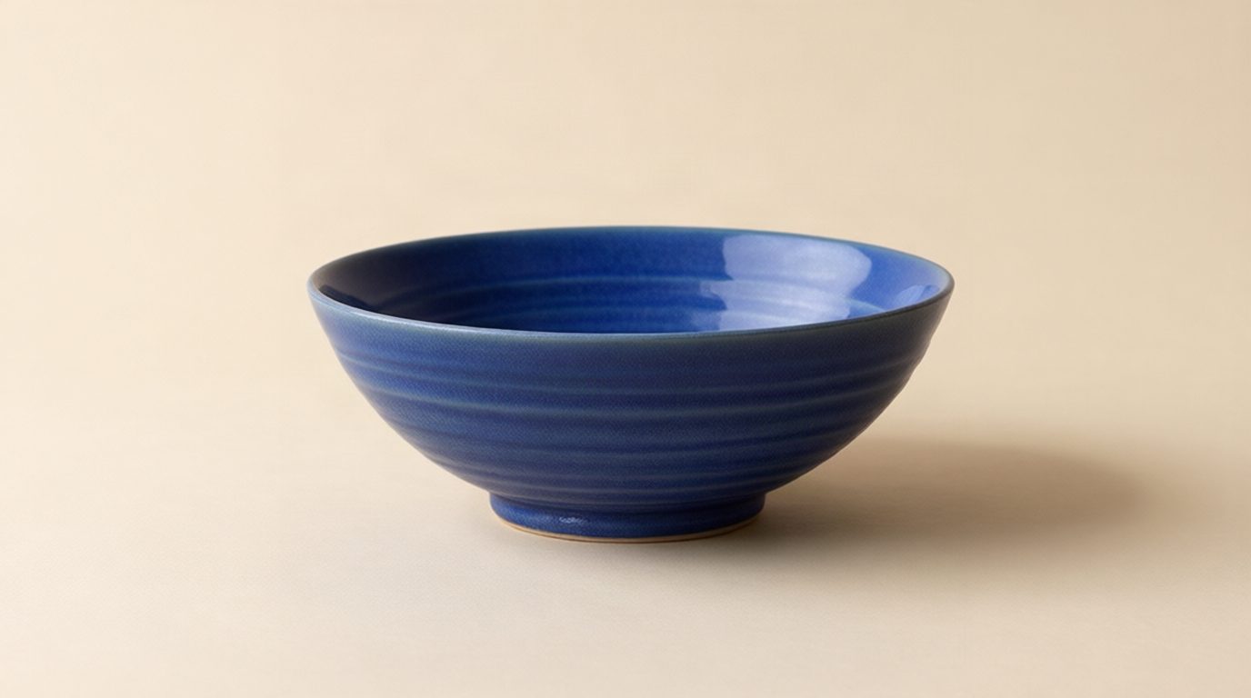 Closer camera view of a cobalt ceramic bowl, emphasizing its concentric ridges and glaze.