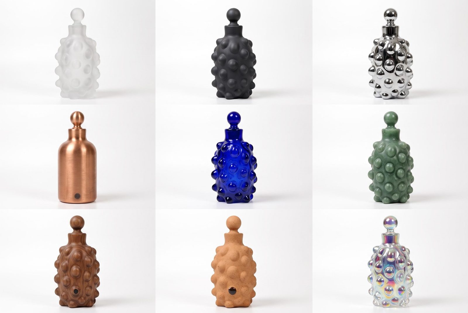 Nine-bottle product concept study exploring sculptural perfume packaging in different colors and materials.