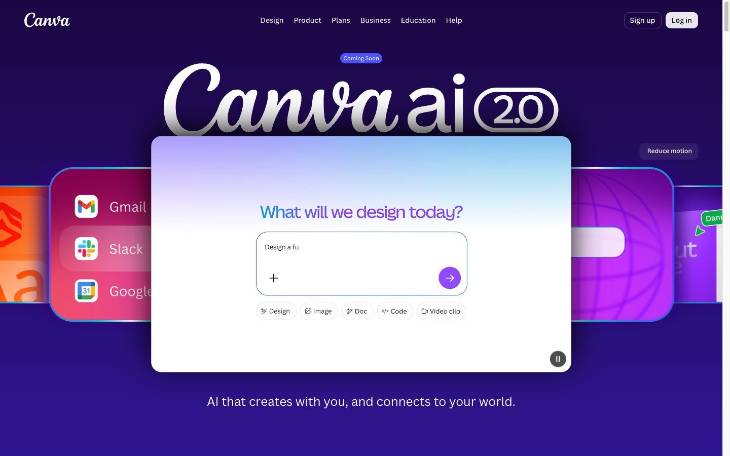 Canva AI 2.0 product page: a "What will we design today?" prompt box with Design, Image, Doc, Code and Video clip options.