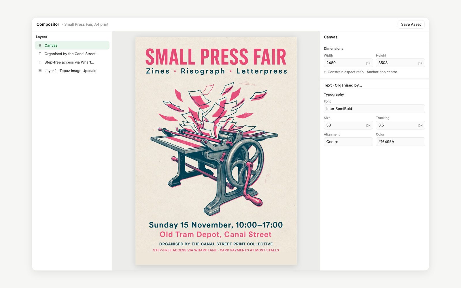 Simplified Fuser Compositor: layers panel, an A4 poster on the canvas, Canvas Dimensions 2480 × 3508 px and a text layer’s Typography settings.