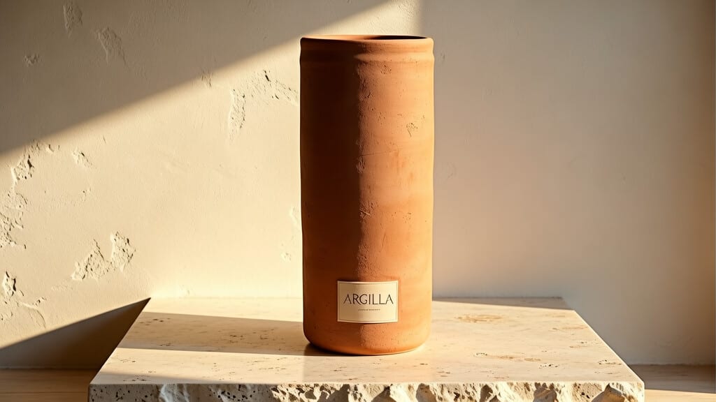 Wan 2.6 Image text-to-image output: a tall terracotta vase with a cream ARGILLA label on a travertine plinth in raking late-afternoon light.
