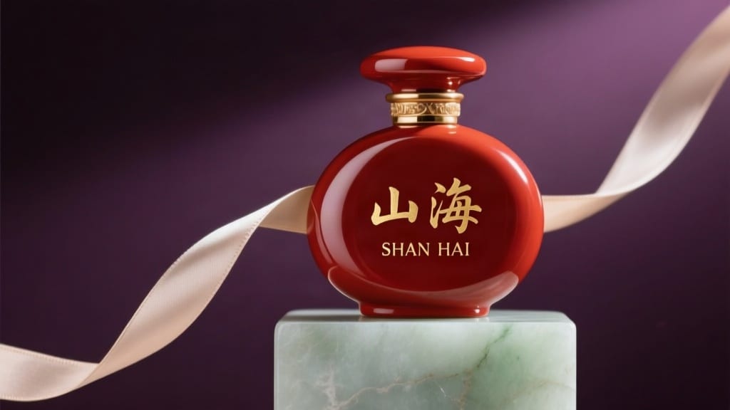 Crimson SHAN HAI perfume bottle with gold Chinese and English lettering on jade stone.