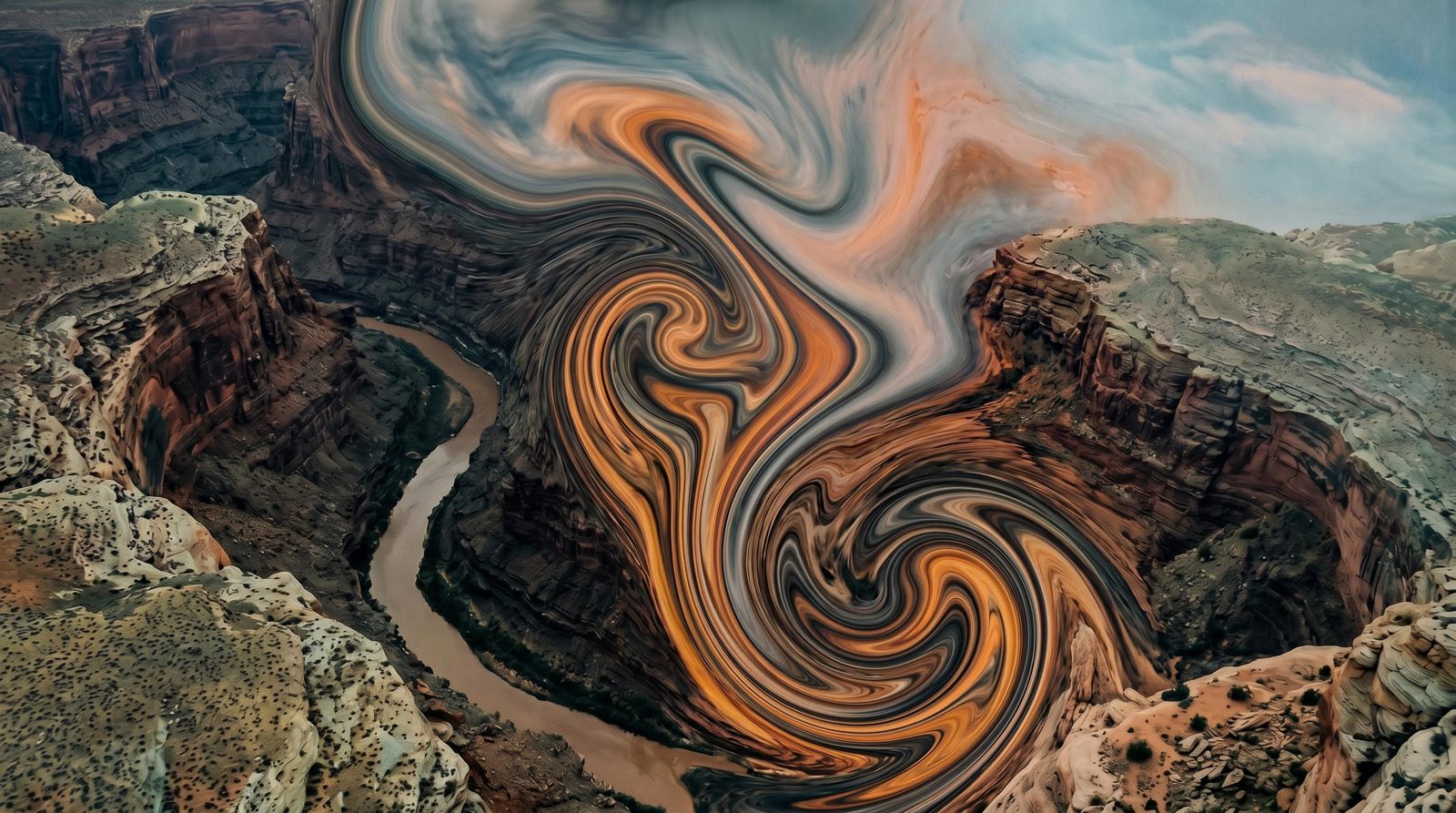Surreal still-image concept showing a canyon landscape twisted into orange and blue swirls.