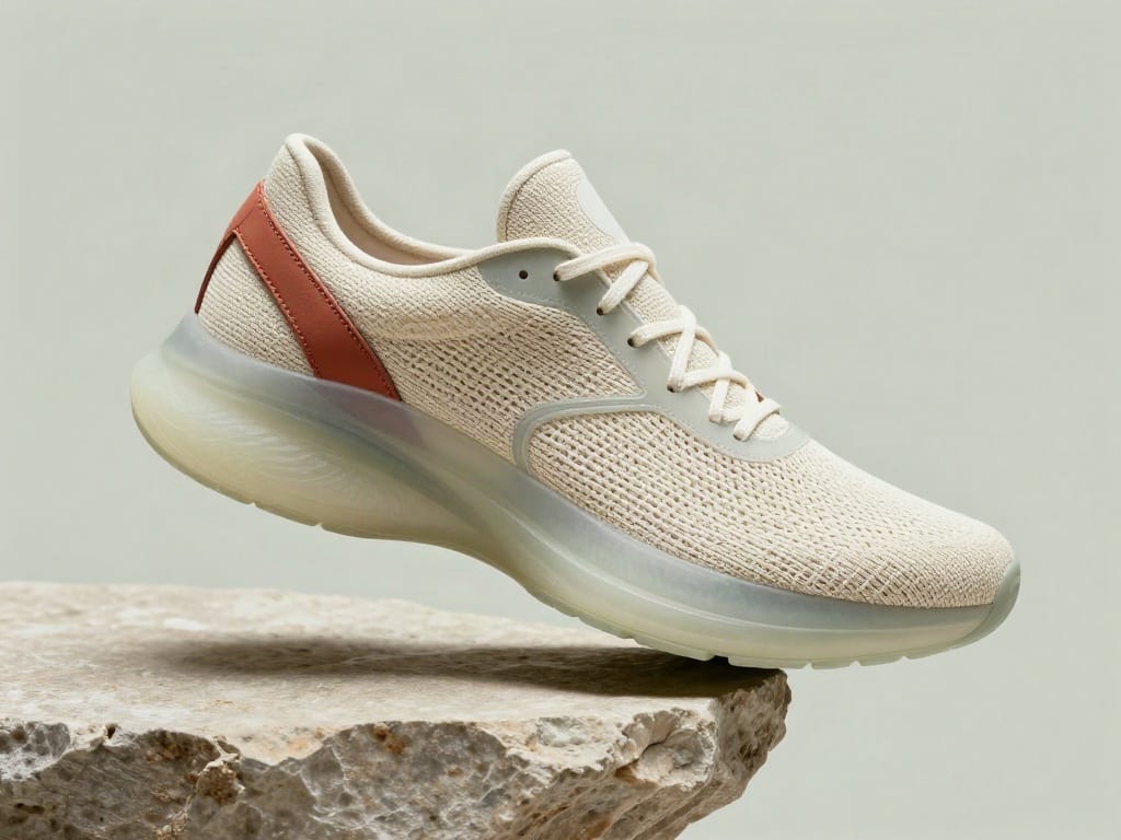 Cream woven running shoe with a translucent jade sole and terracotta accent above limestone, generated with Z-Image.