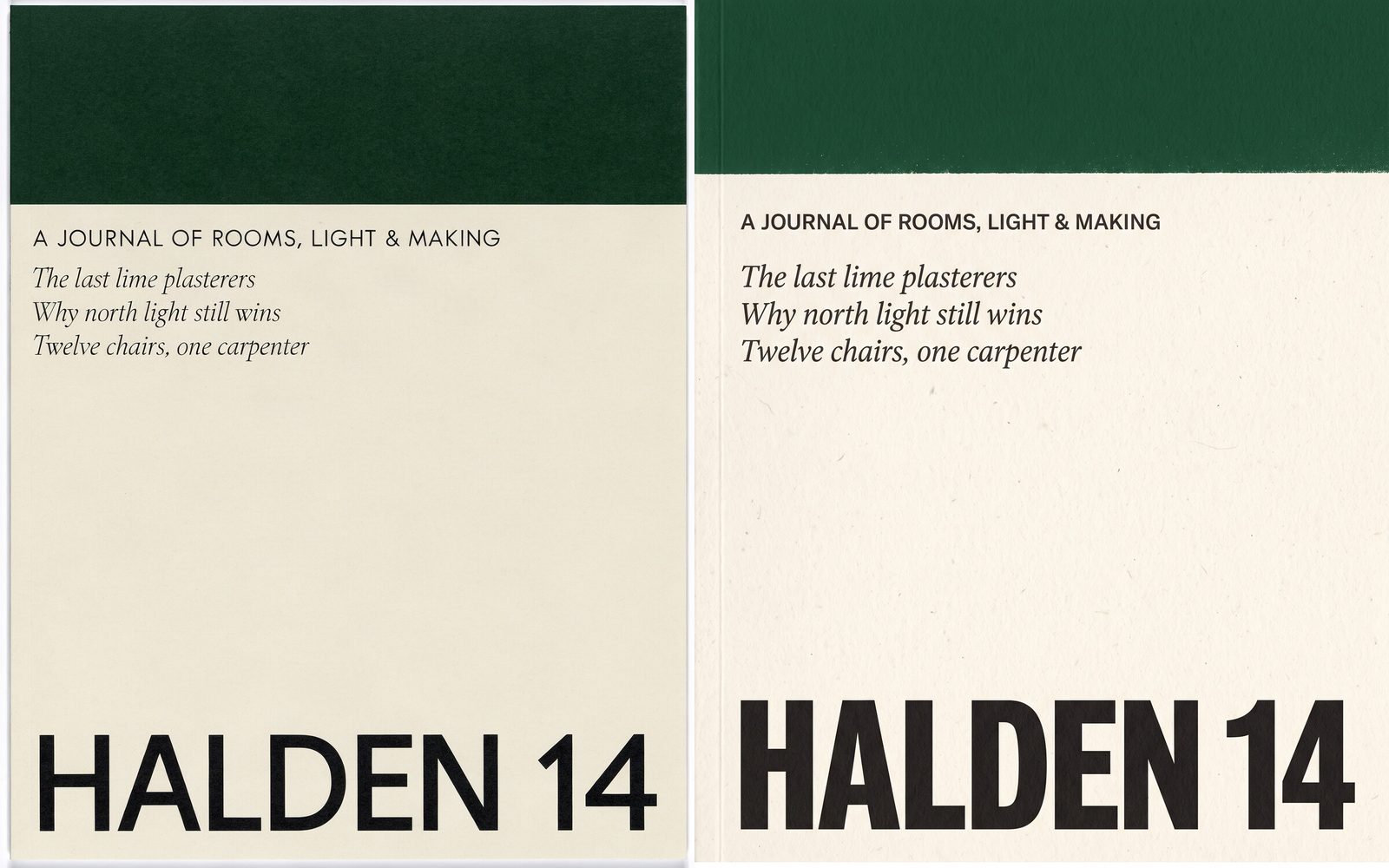 HALDEN 14 magazine covers from Krea 3 (left) and Nano Banana 2.1 (right), each with a green top band and three italic cover lines spelled correctly.