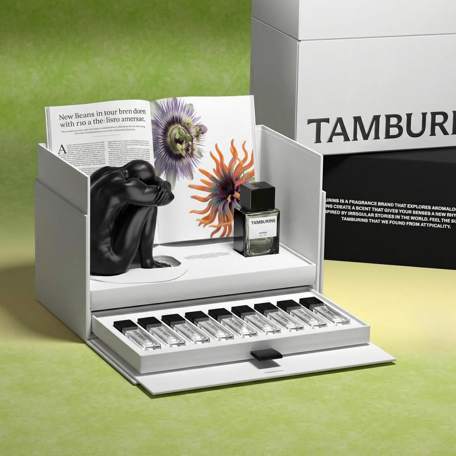 Open fragrance presentation set concept with a dark bottle, sculptural figurine and sample vials on a green surface.