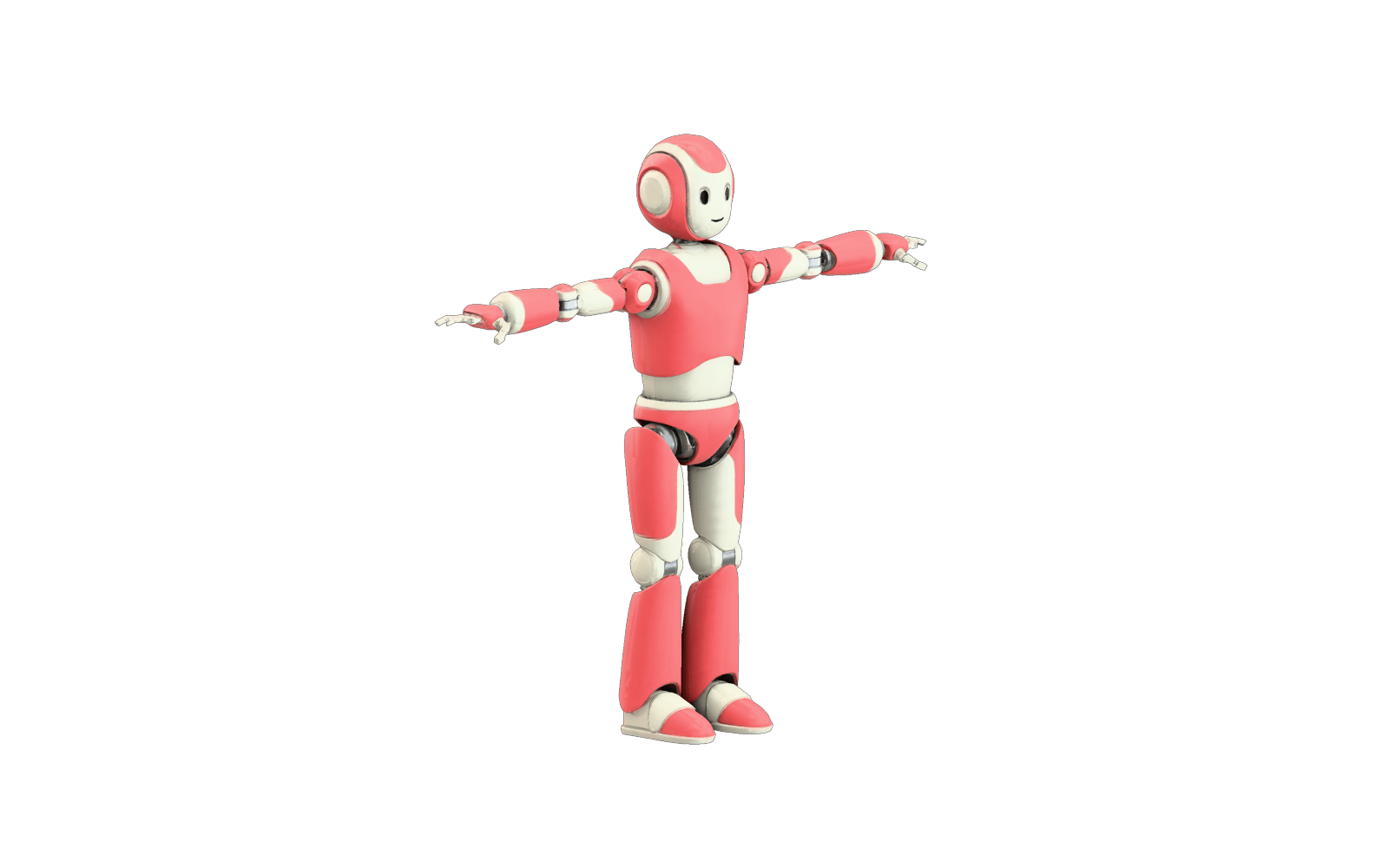 original friendly humanoid delivery robot in coral and cream with clearly separated arms extended horizontally in T pose, straight legs and visible hands — rendered from a native meshy 3D generation