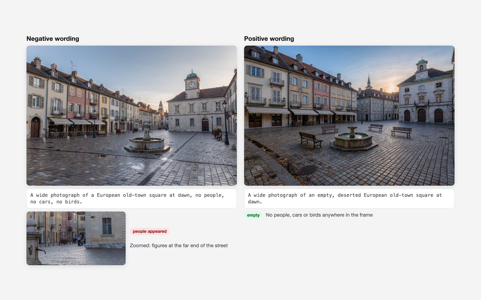 Two FLUX.3 Image photos of an old-town square at dawn: the prompt saying no people still shows figures at the far end of the street, while the prompt saying empty and deserted shows nobody.