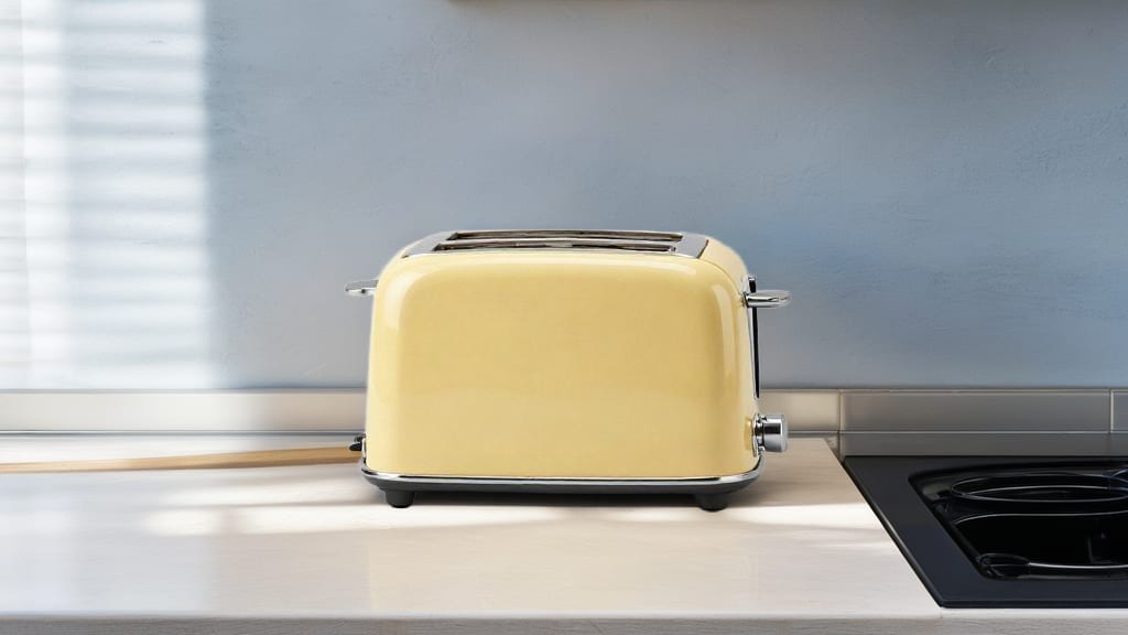 Butter-yellow toaster fully framed on a pale kitchen counter beneath a blue-gray wall.