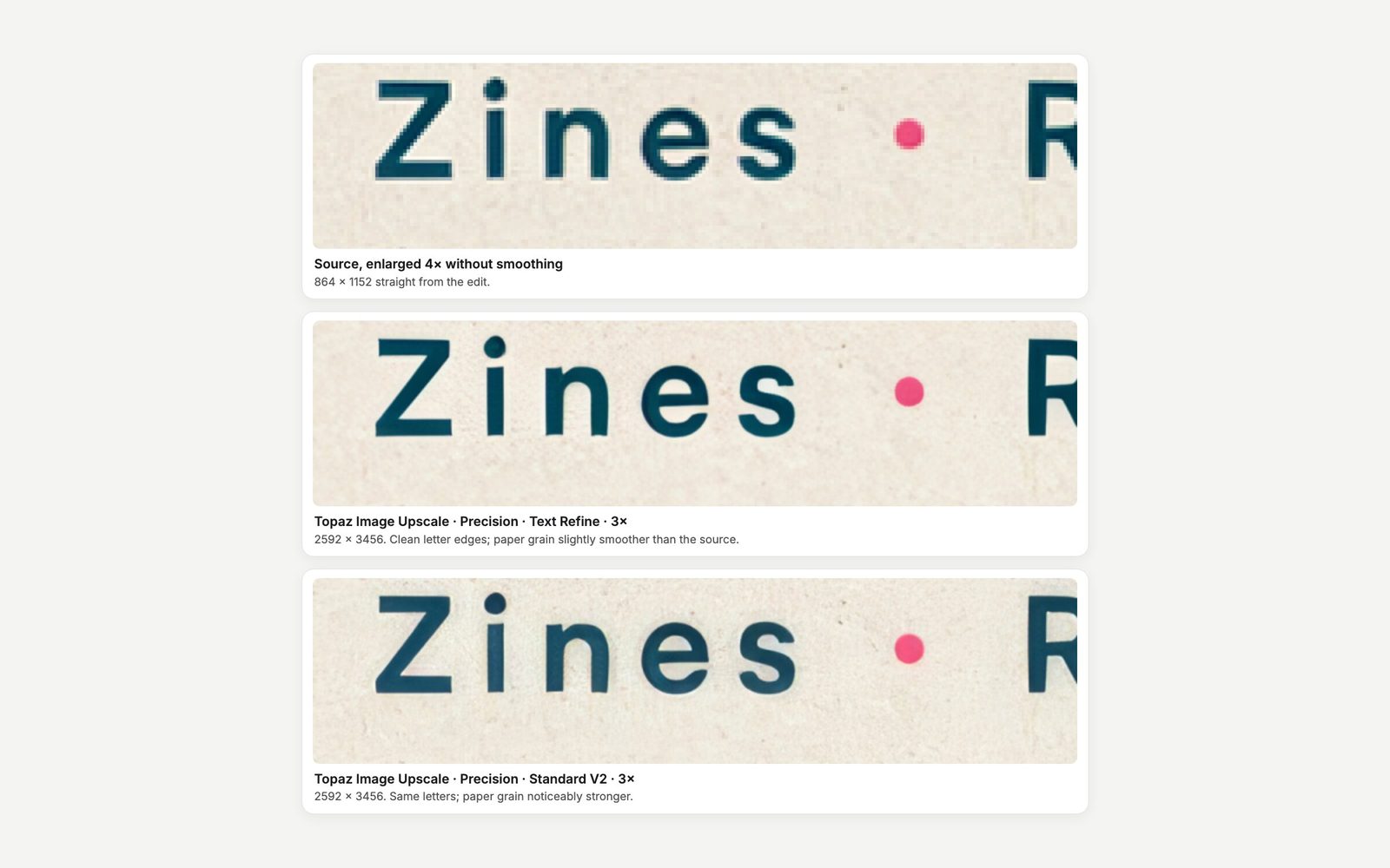 Close-ups of the word “Zines” from the 864 px poster and from two 3× Topaz upscales, Text Refine and Standard V2.