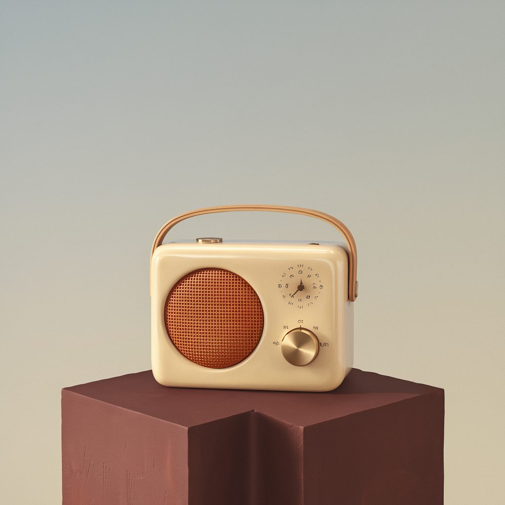 Cream portable radio with an orange speaker on a burgundy pedestal.
