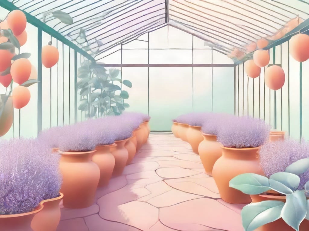 Soft pastel greenhouse illustration with lavender plants, peach pots and mint foliage.