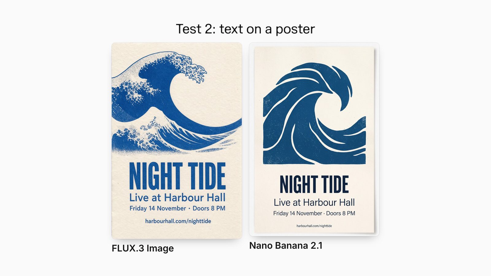 NIGHT TIDE concert posters from FLUX.3 Image and Nano Banana 2.1; both spell every requested line correctly.