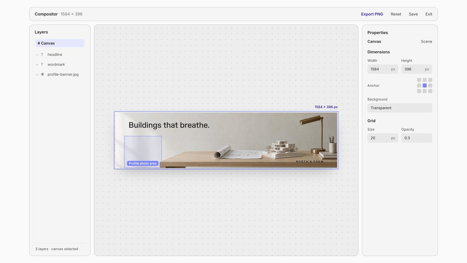 Fuser Compositor with the canvas set to 1584 by 396 pixels for a LinkedIn profile banner, marking the lower-left area covered by the profile photo.
