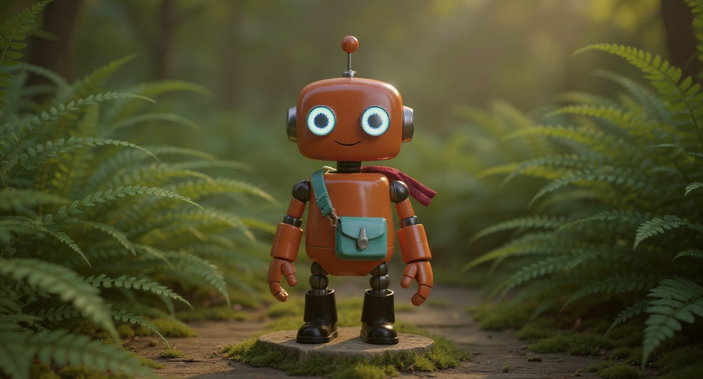 Small orange robot with cyan eyes and a turquoise satchel in a fern garden.