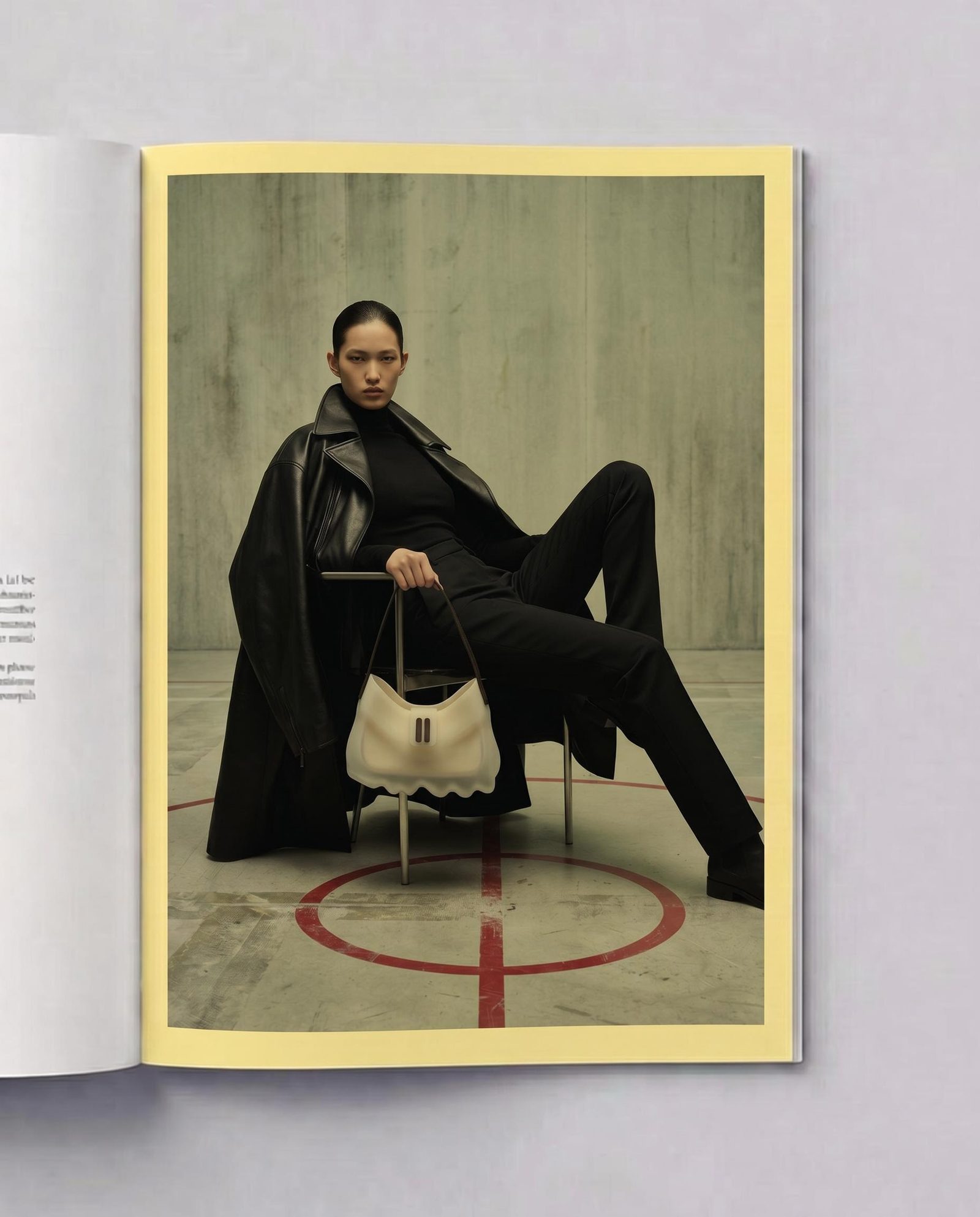 Fashion campaign concept presented as a magazine spread, with a seated model in black, a pale handbag and a red floor marking.